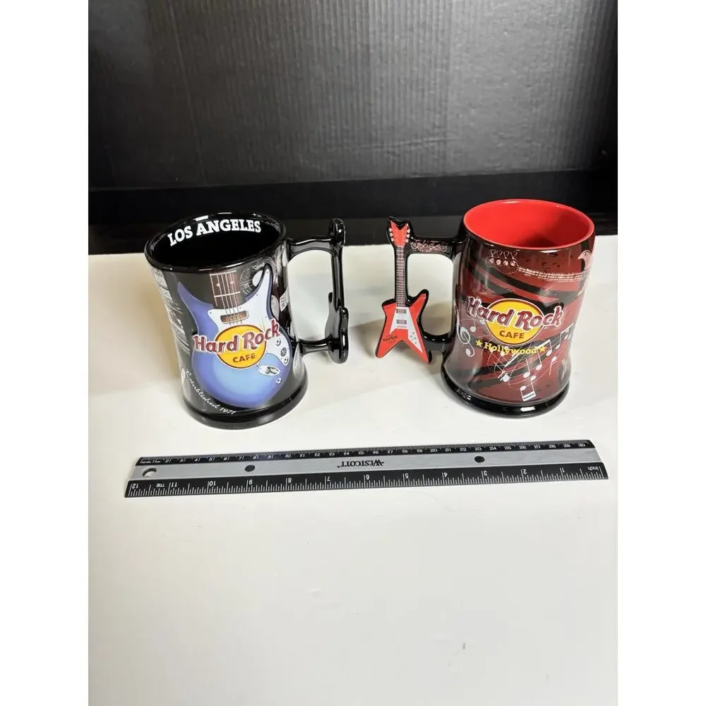 Lot Of 2 - Hard Rock Cafe Hollywood & Los Angeles Souvenir Mugs - Guitar Handle